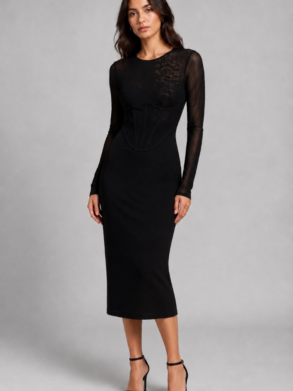 BARDOT Black Corset-Waist Bodycon Midi Dress | Size Small